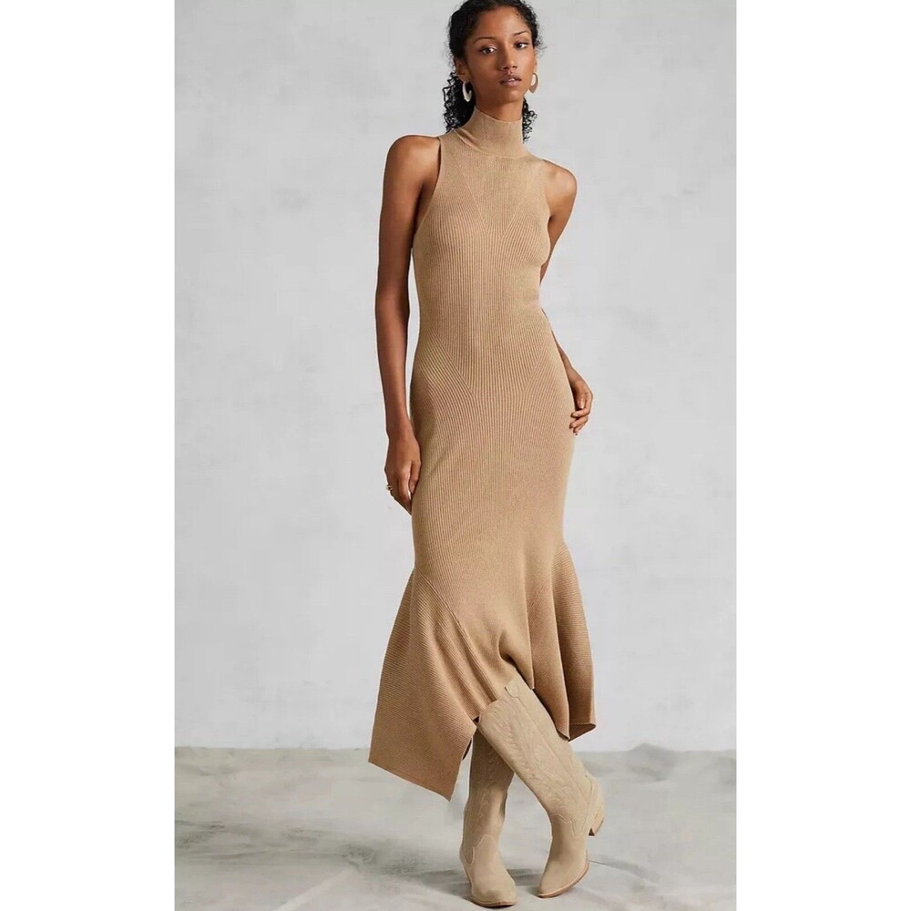 Anthropologie Dress Midi Sweater Mock Seamless Brown Stretchy Preppy Small New